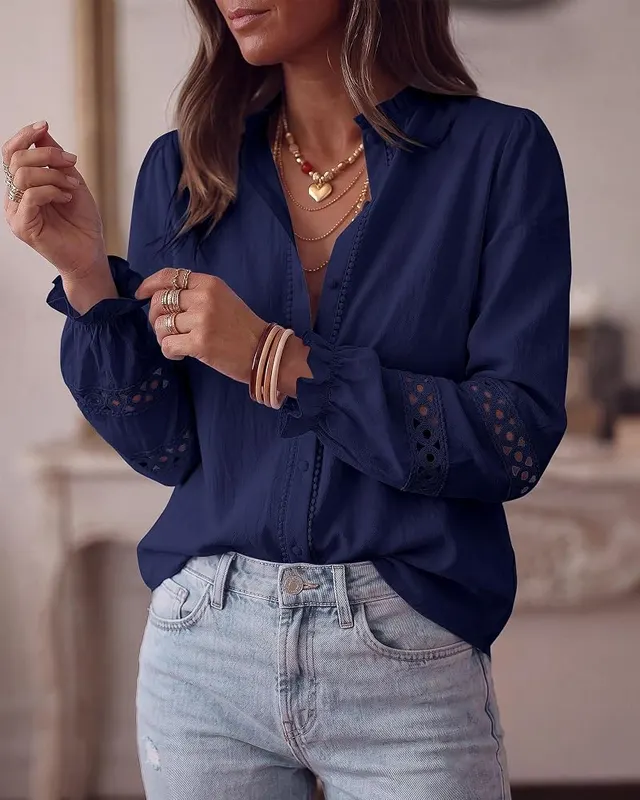 KIRUNDO Eyelet Boho Long Sleeve Button Up – Ruffled long sleeve hems