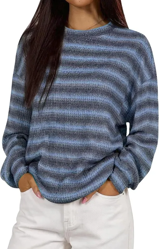 KIRUNDO Striped Sweaters Lightweight Waffle Knit Tops in Blue