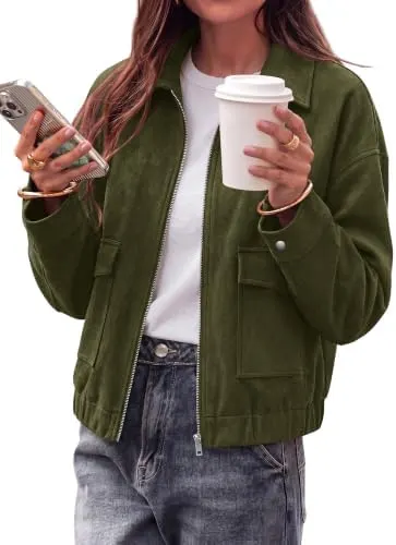 KIRUNDO Women’s Suede Bomber Jacket in Army Green