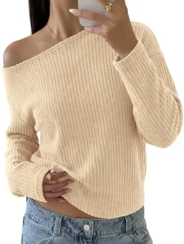 KIRUNDO Womens Off Shoulder Sweater Ribbed Long – Off shoulder neckline design