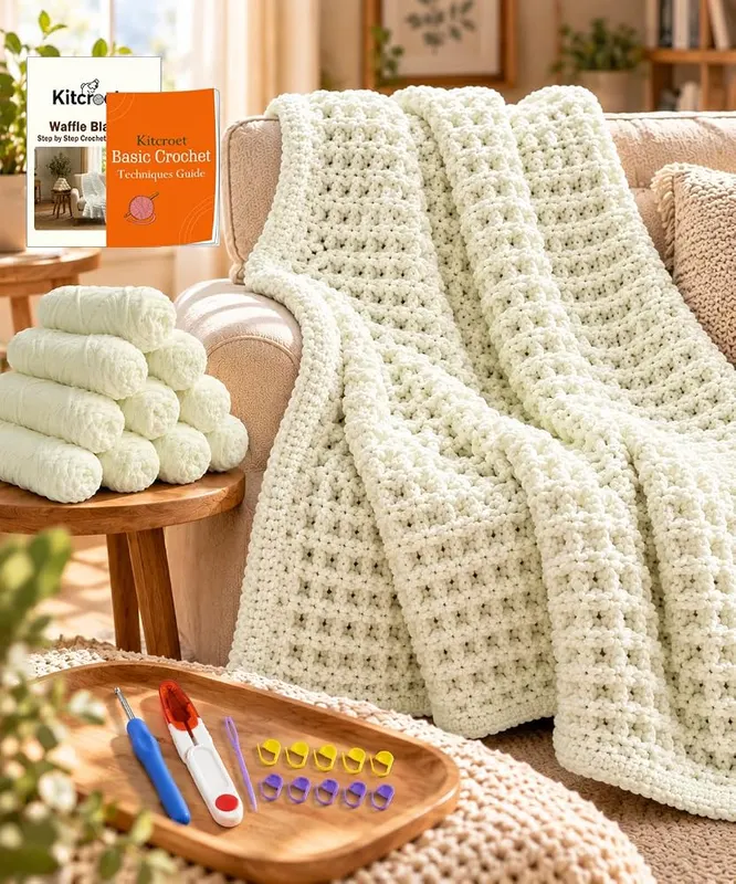 Kitcroet Waffle Blanket Crochet Kit – Features squishy waffle stitch texture