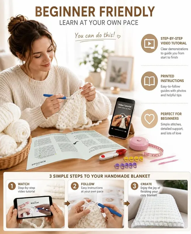 Kitcroet Waffle Blanket Crochet Kit – Step by step video tutorials included