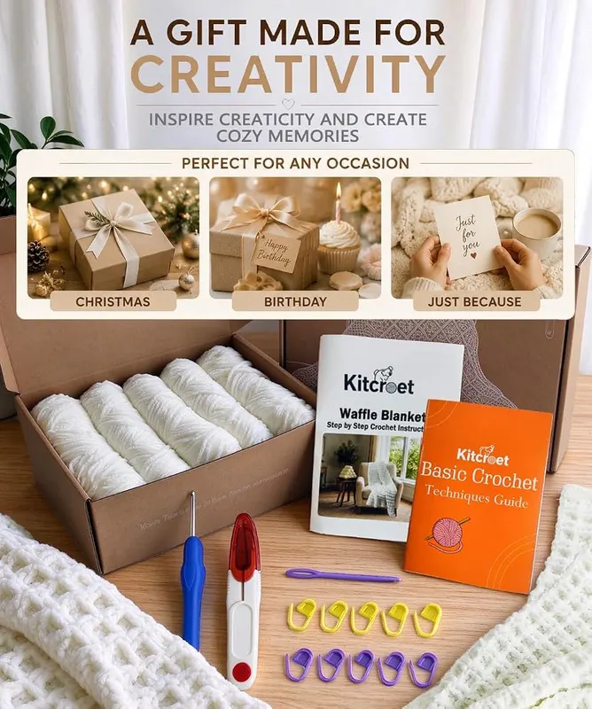 Kitcroet Waffle Blanket Crochet Kit – Complete beginner friendly crochet set
