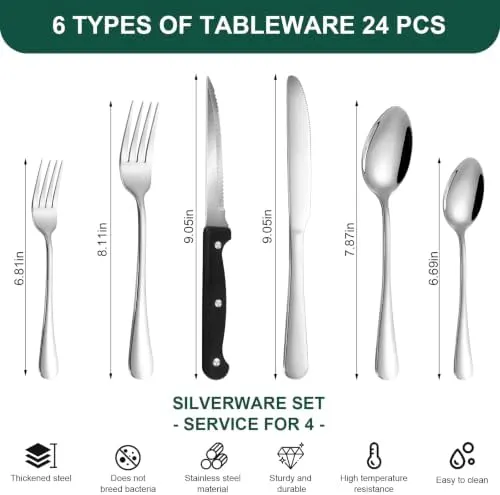 KUIHT 24-Piece Silver Silverware Set – High Quality Material Flatware Set