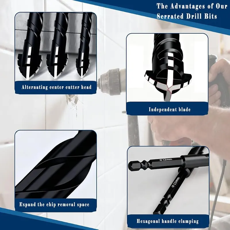 Larouoba 10pc Black Serrated Eccentric Masonry Drill – Size Including