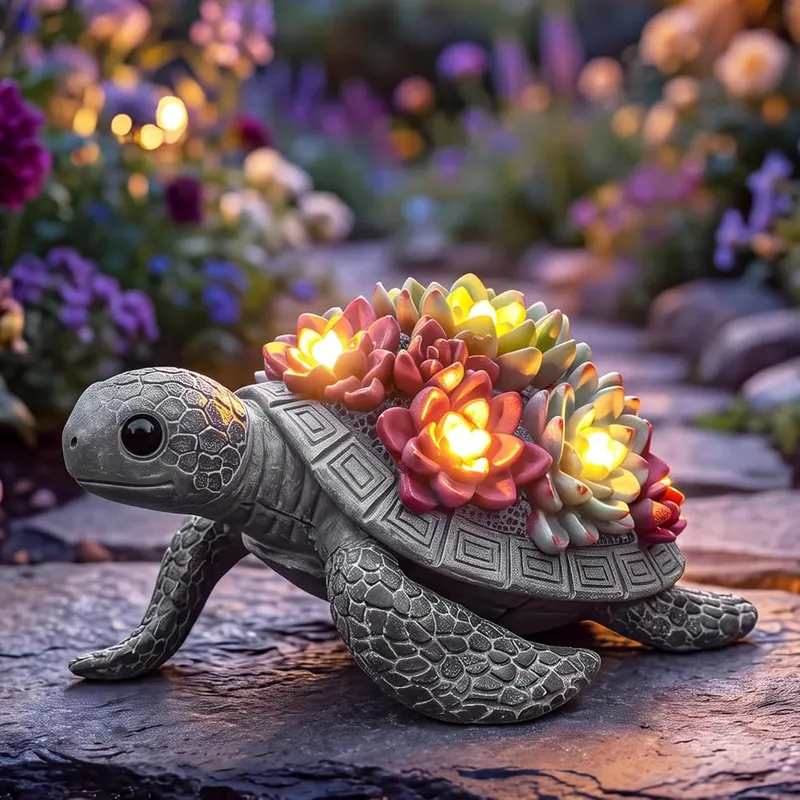 Lavezee Solar Turtle Garden Decor in Turtle With Succulent