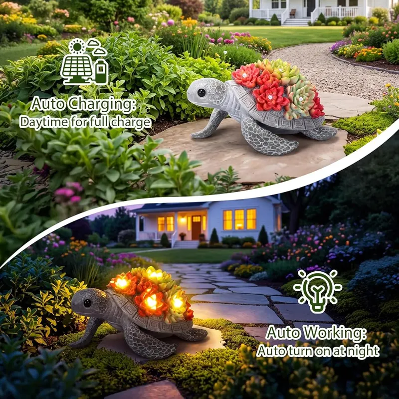 Lavezee Solar Turtle Garden Decor – Handcrafted succulent details