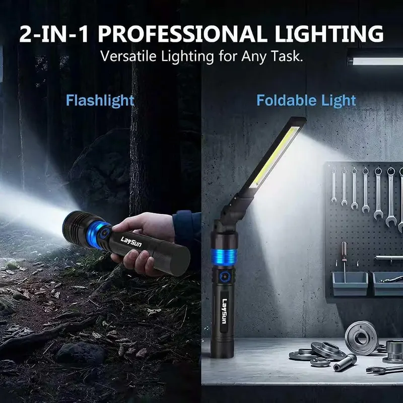LaySun 2 Pack Rechargeable Flashlight & Work – Versatile 2-in-1 Design