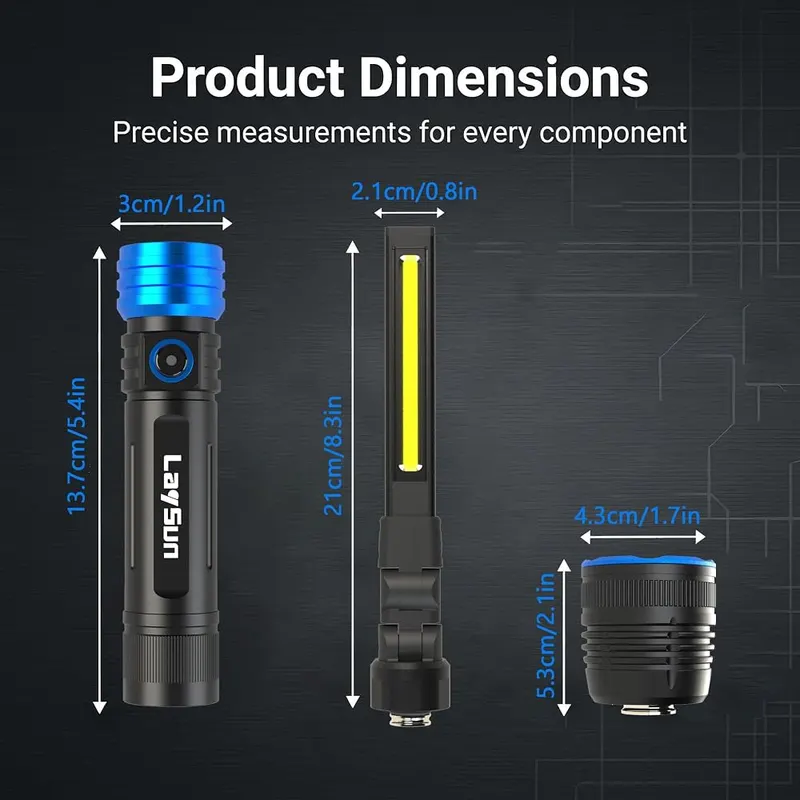 LaySun 2 Pack Rechargeable Flashlight & Work – Smart Auto-Adjust & Long Runtime