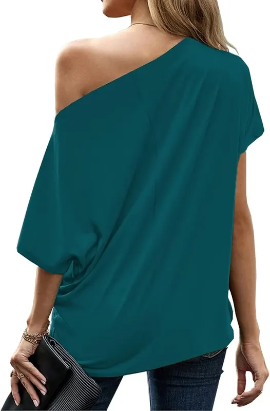 LEIYEE Summer Teal Off The Shoulder Tops – Off the shoulder, batwing short sleeve, drop shoulder