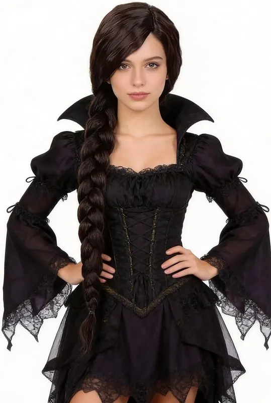 LeMarnia Black Brown Long Braid Witch Wig in Black Brown
