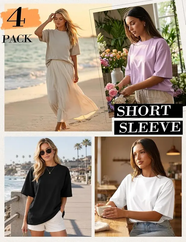 LETSEE 4 Pack Oversized Tshirts – Crew neck short sleeve cut