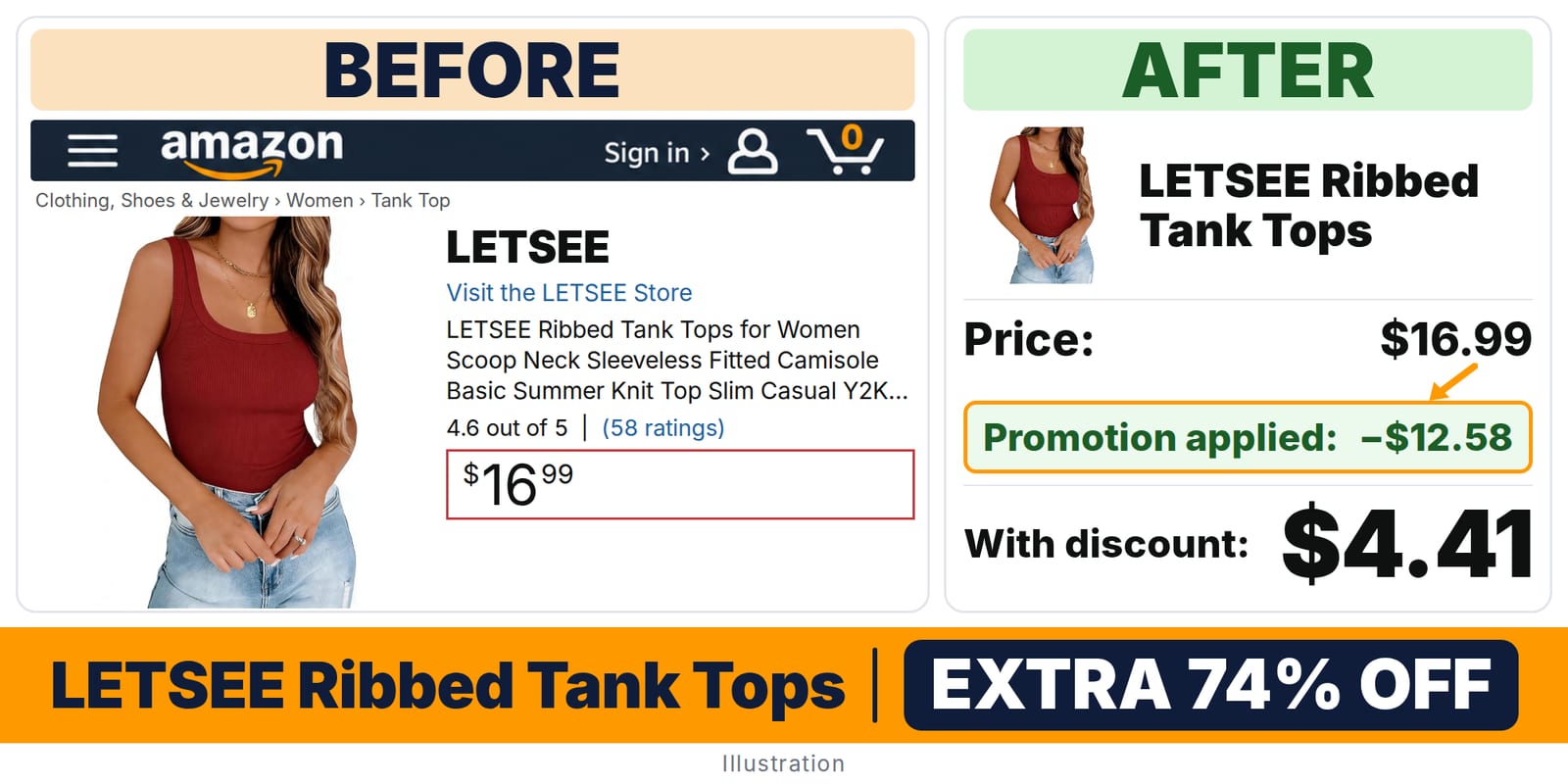 LETSEE Ribbed Tank Tops deal: before and after – promo code 92U3EU6H, 74% off on Amazon