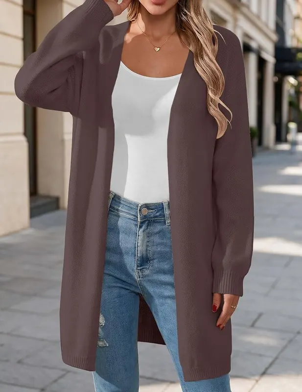 Libsorge Womens Oversized Long Cardigan Open Front Nutmeg – Chunky knit in Nutmeg brown