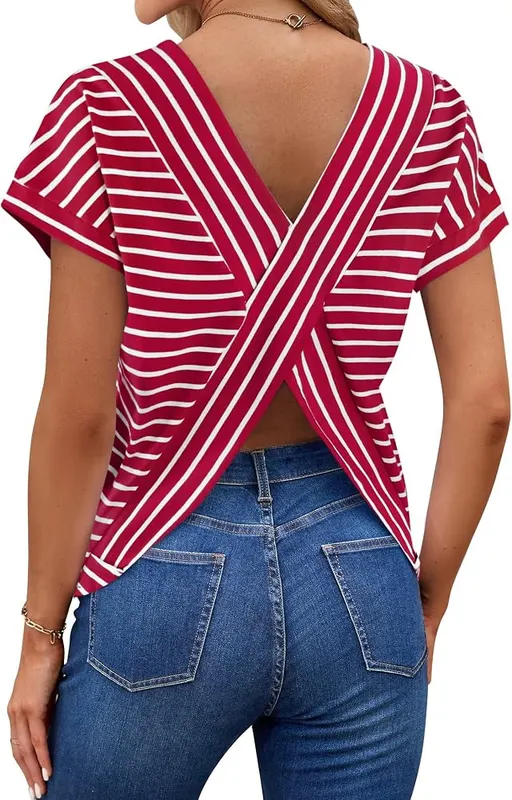 LilyCoco Open Back Tops in Red Striped