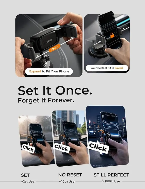 LISEN Suction Phone Mount – Dashboard placement with suction