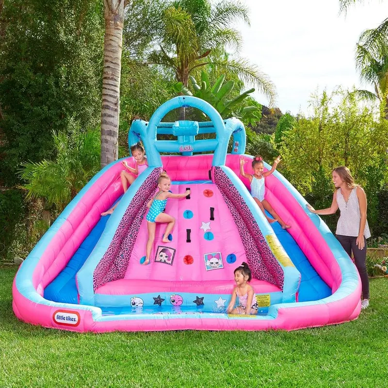 Little Tikes L.O.L. Surprise Inflatable River Race Water Slide – A surprise dump bucket pours water onto kids