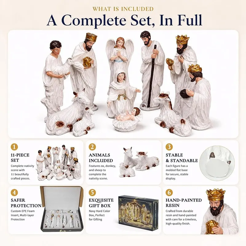 Livilord 11-Piece Hand-Painted Christmas Nativity Set – Includes holy family and wise men