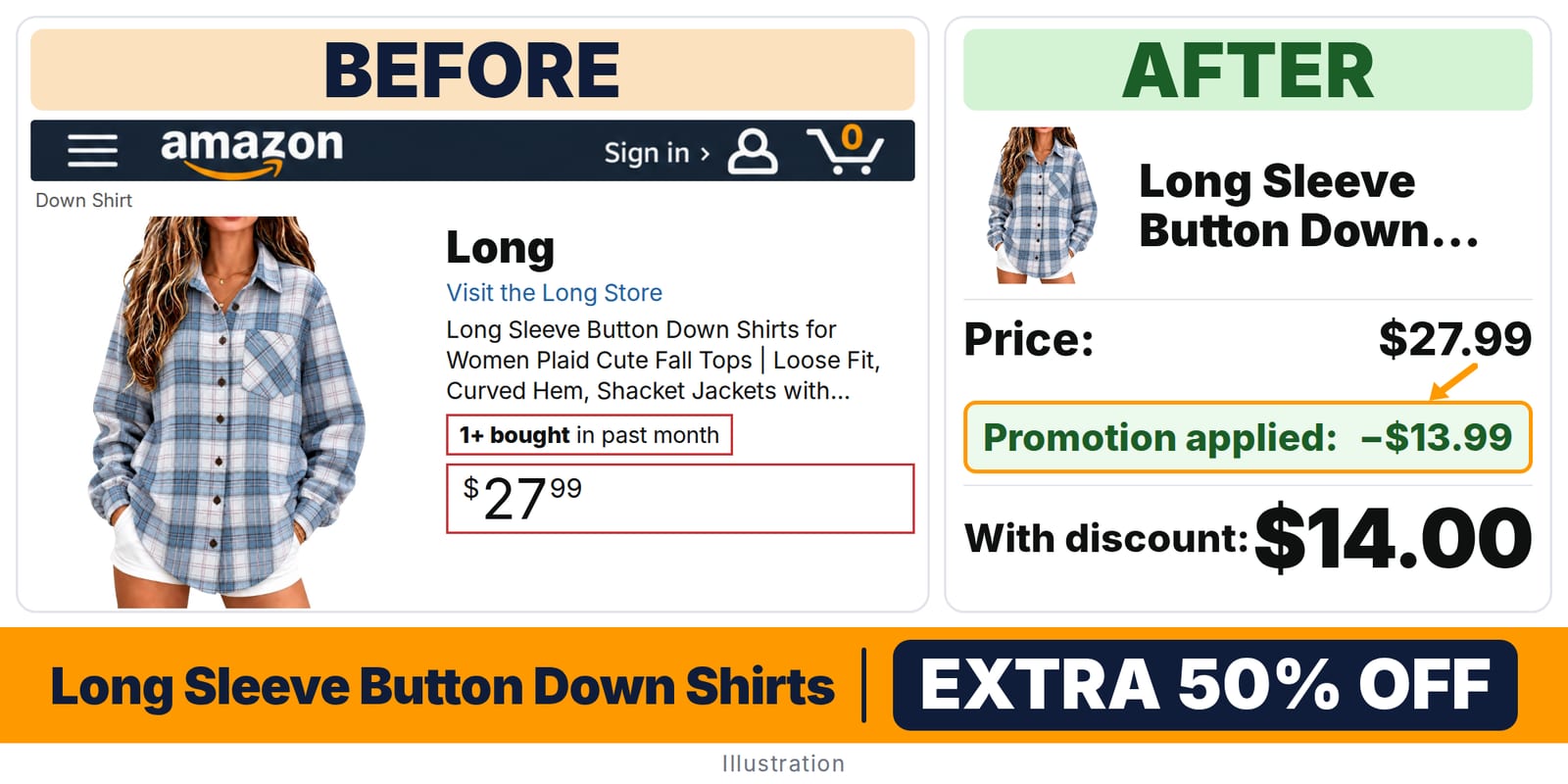 Long Sleeve Button Down Shirts deal: before and after – promo code ESJXXPEX, 50% off on Amazon