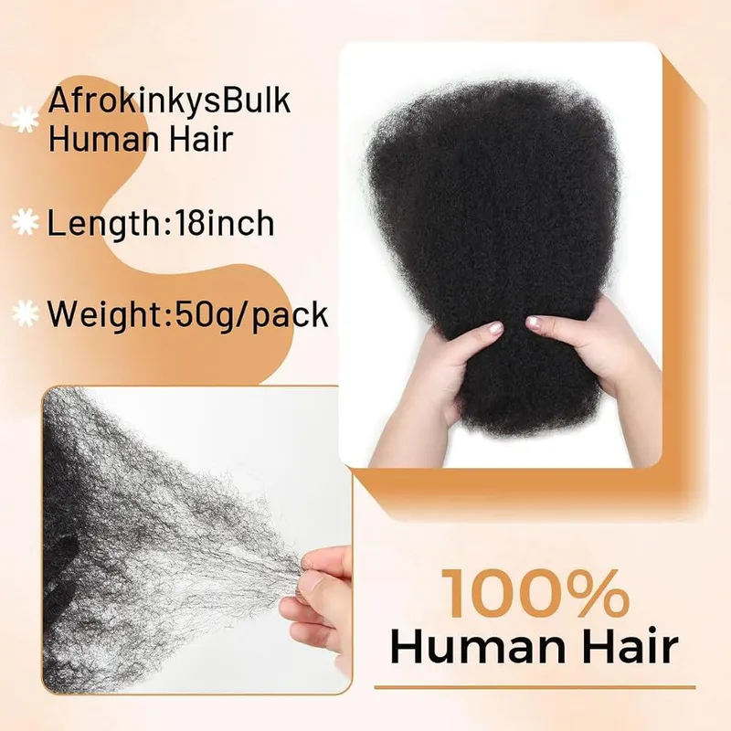 lounoke 18 Inch Afro Kinkys Bulk Human 4C – 100% Bulk Natural Human Hair