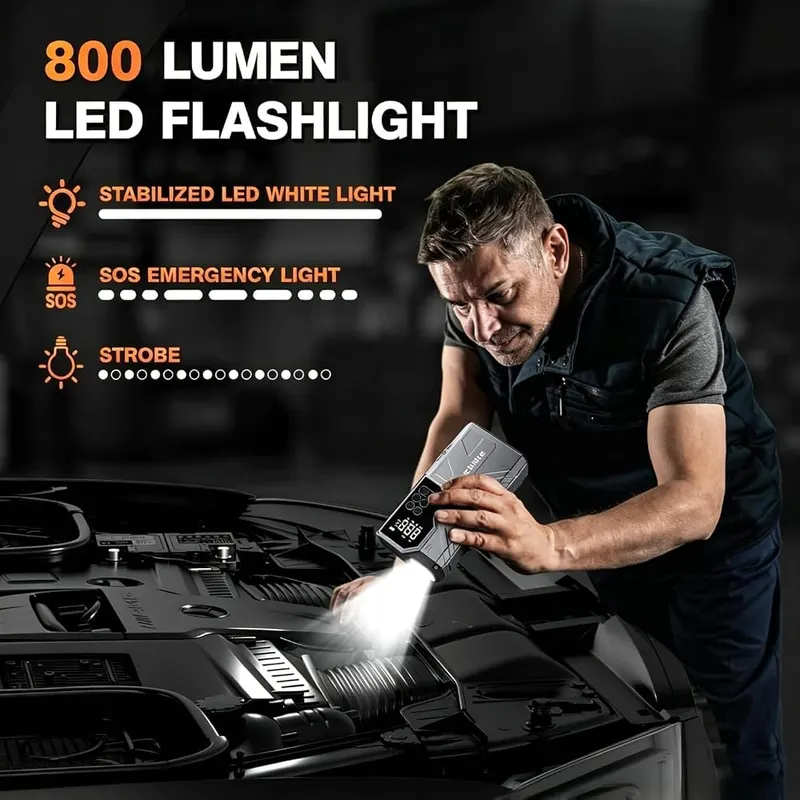 Lucklike 8000A Jump Starter – 150 PSI auto-shutoff inflator