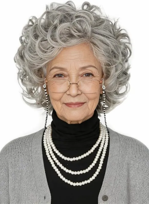 Lucoacos Old Lady Costume Wig and Accessories in Silvery Grey