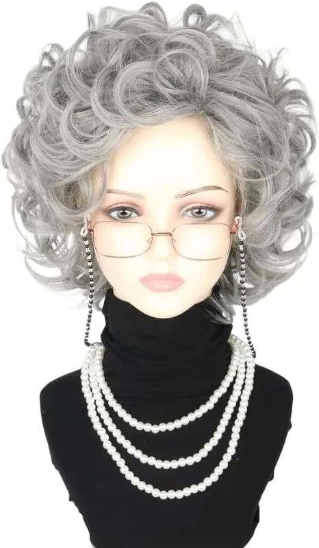 Lucoacos Old Lady Costume Wig and Accessories – Material:Granny wig made with 100% synthetic fiber