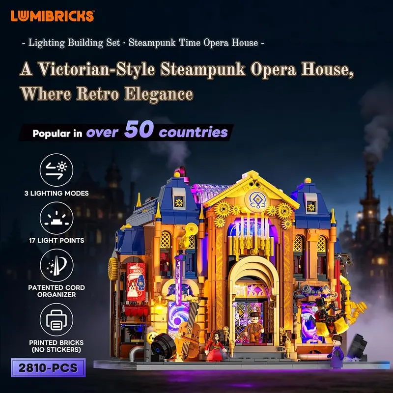 LUMIBRICKS Steampunk Time-Opera-House Lighting Building-Set – High-precision printed bricks and metallic parts