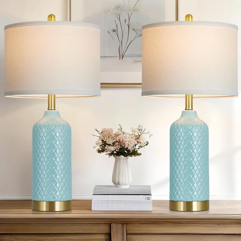 luxeflow 26“ Aqua Blue Ceramic Table Lamps – Diamond textured ceramic bases