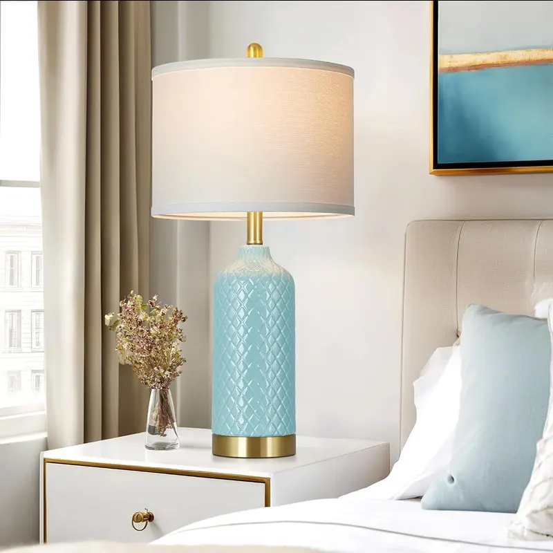 luxeflow 26“ Aqua Blue Ceramic Table Lamps – Linen white shades included