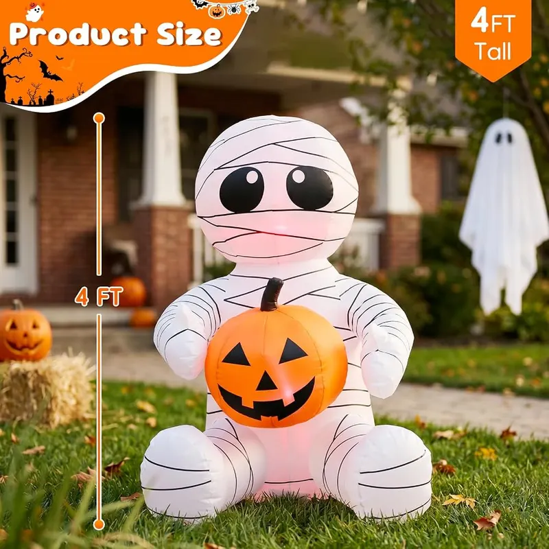 luxfcup 4FT Halloween Inflatable Cut Mummy Holding – Four foot tall mummy holding pumpkin design