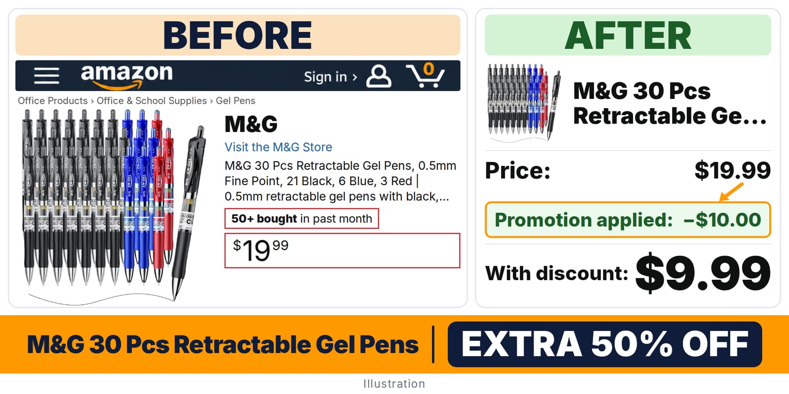 M&G 30 Pcs Retractable Gel Pens deal: before and after – promo code LVIUOGAH, 50% off on Amazon