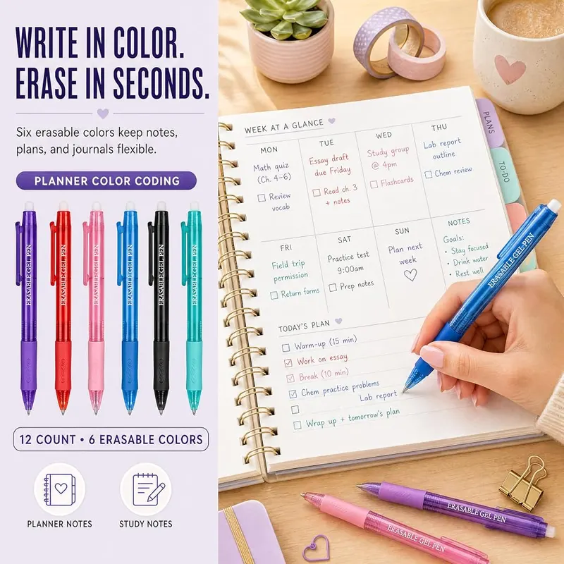 MCOLIMA Erasable Gel Pens – Twelve retractable erasable pens