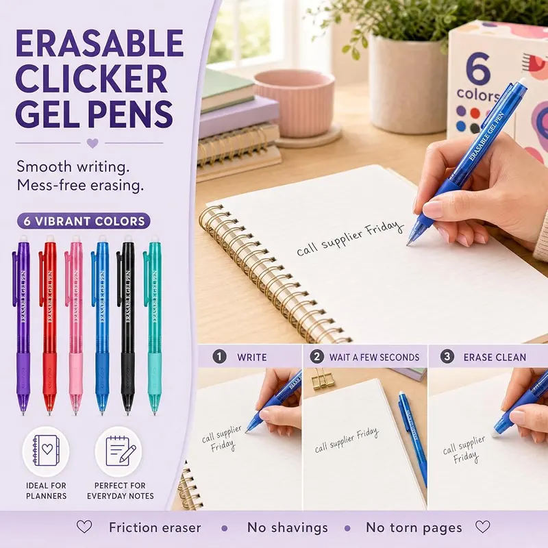 MCOLIMA Erasable Gel Pens – Six ink colors in the mix