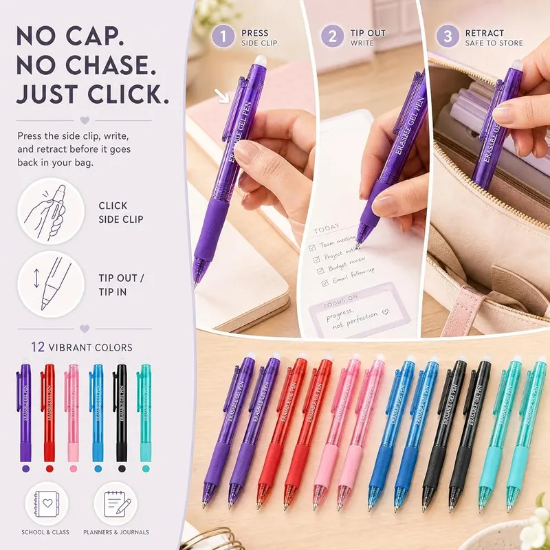 MCOLIMA Erasable Gel Pens – Friction eraser on each pen
