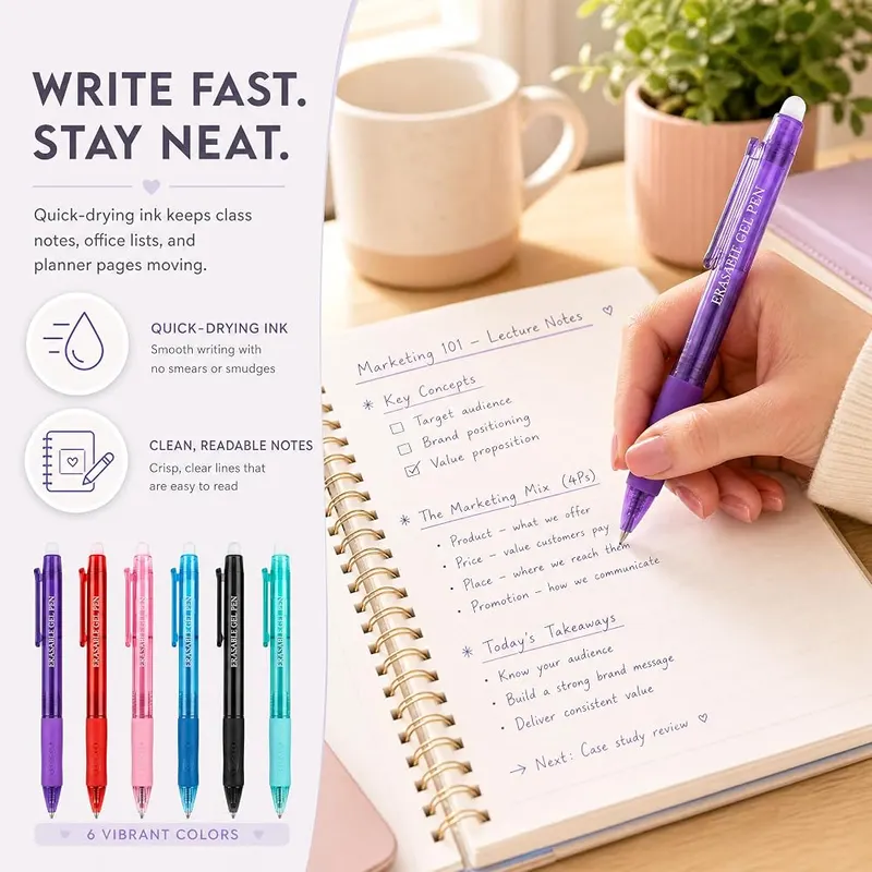 MCOLIMA Erasable Gel Pens – Quick-dry ink that resists smudging