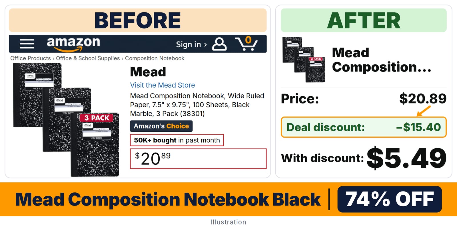 Mead Composition Notebook Black deal: before and after – 70% off on Amazon