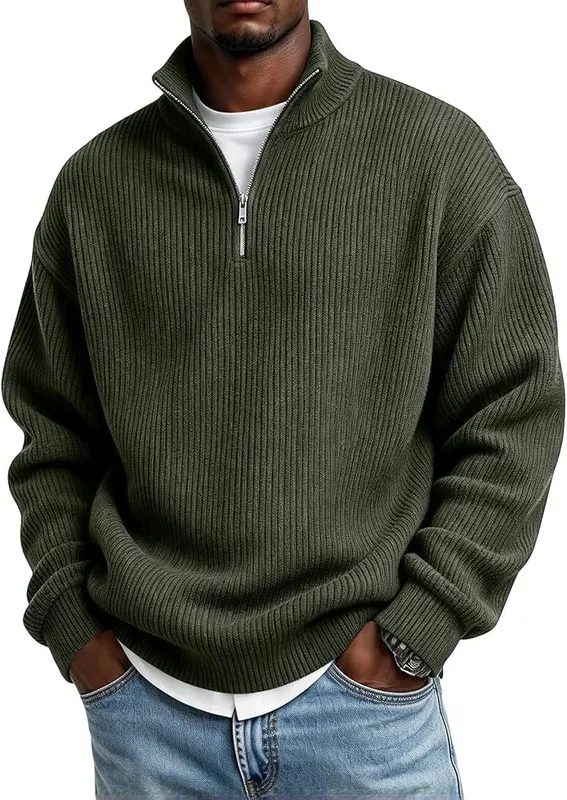 Generic Mens Quarter Zip Pullover Big A05 Army Green in A05 Army Green