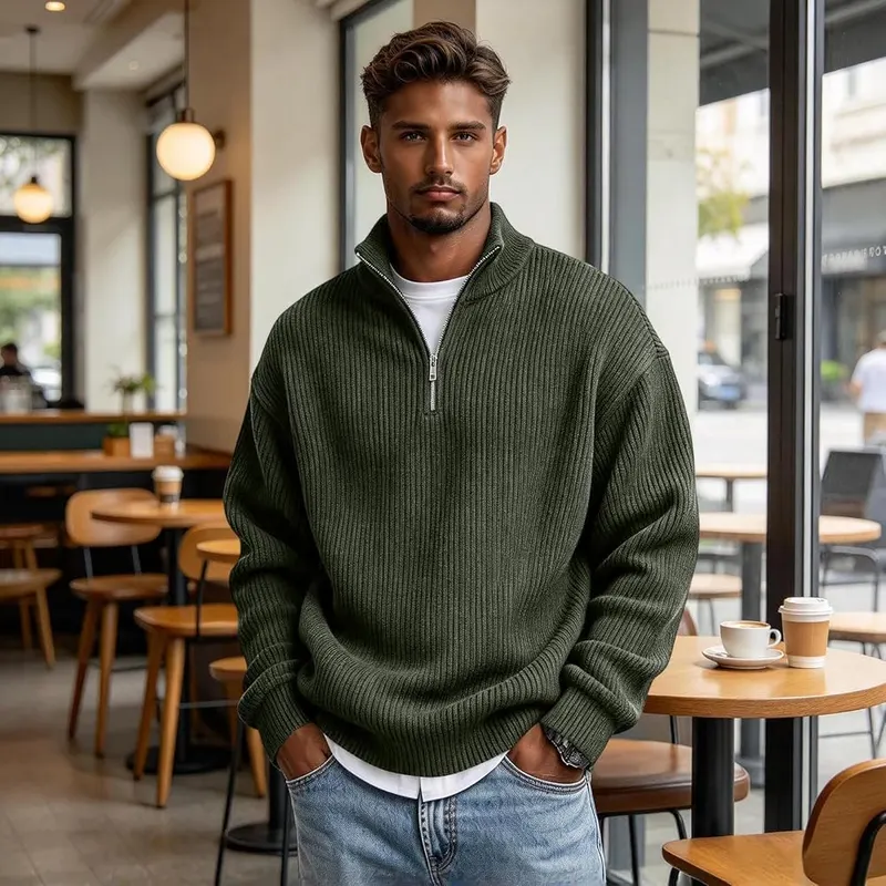 Generic Mens Quarter Zip Pullover Big A05 Army Green – product photo 3 of 5