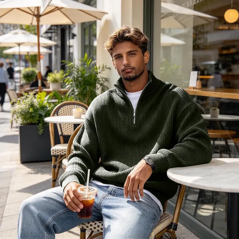 Generic Mens Quarter Zip Pullover Big A05 Army Green – product photo 4 of 5