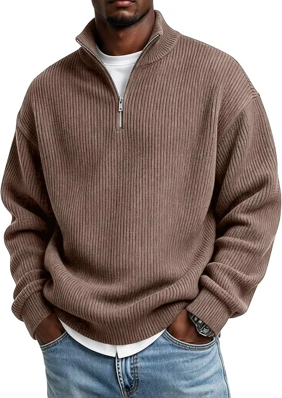 Generic Mens Quarter Zip Sweater Big A04 Light Brown in A04 Light Brown