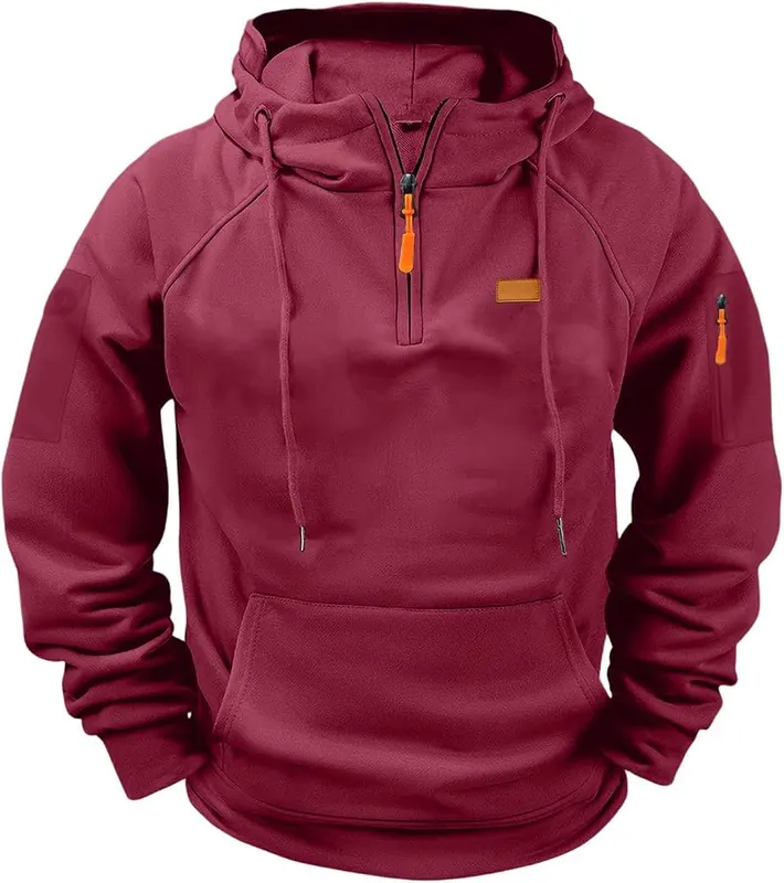 hayudier Mens Work Hoodie Quarter Zip Pullover A12- Burgundy in A12- Burgundy