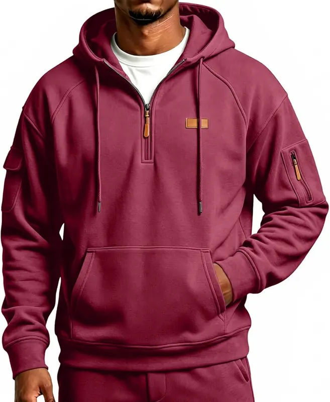 hayudier Mens Work Hoodie Quarter Zip Pullover A12- Burgundy – product photo 2 of 7