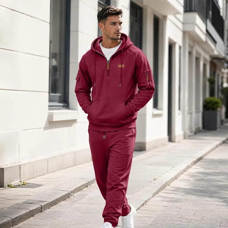 hayudier Mens Work Hoodie Quarter Zip Pullover A12- Burgundy – product photo 3 of 7