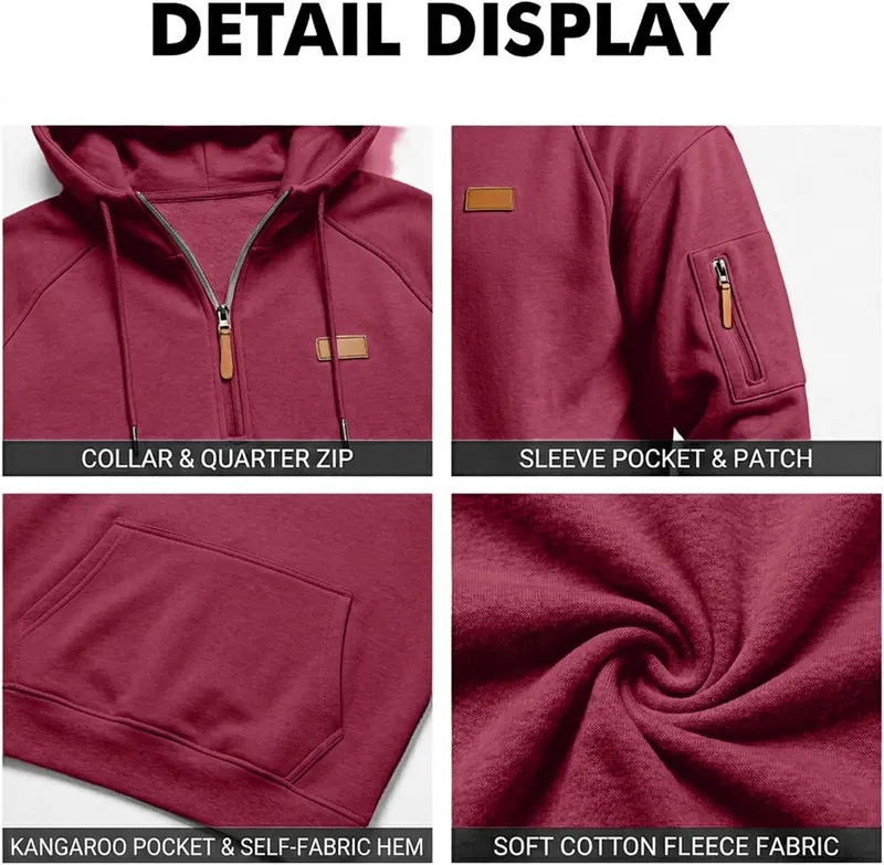 hayudier Mens Work Hoodie Quarter Zip Pullover A12- Burgundy – product photo 5 of 7