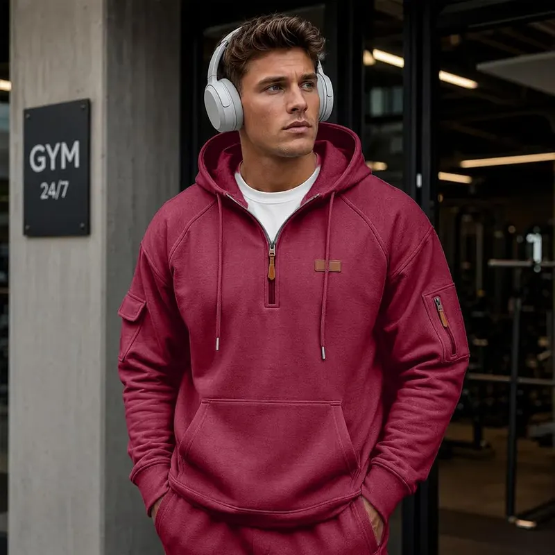 hayudier Mens Work Hoodie Quarter Zip Pullover A12- Burgundy – product photo 6 of 7