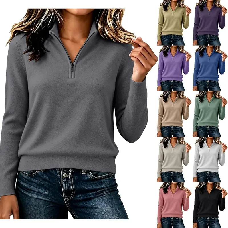 MESSIYO Womens Quarter Zip Fall Lightweight Sweaters in Dark Gray