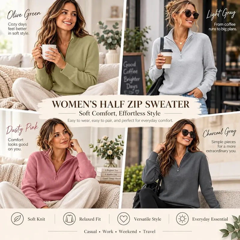MESSIYO Womens Quarter Zip Fall Lightweight Sweaters – Relaxed tailored casual silhouette