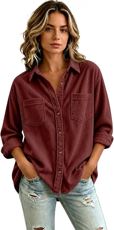 midelxp Corduroy Button Down Shirts D008-wine – Relaxed Casual Silhouette