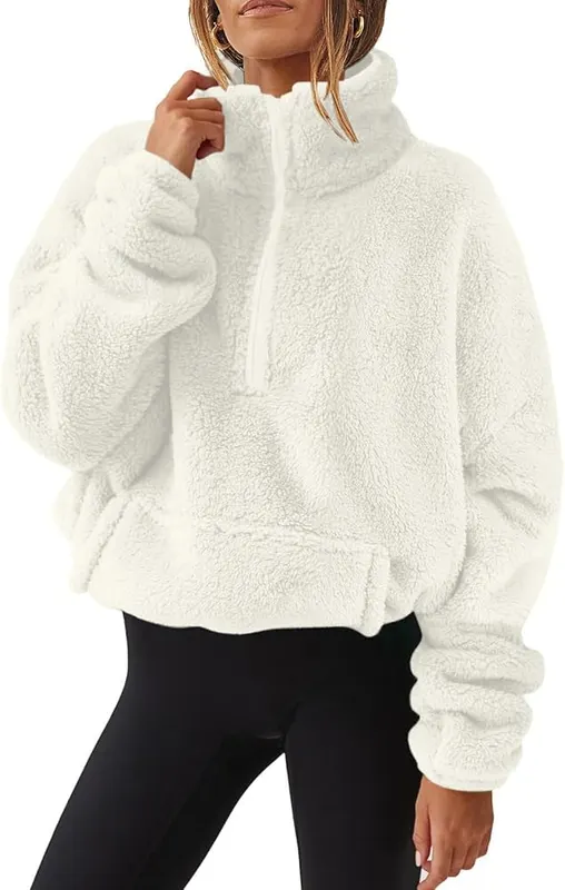 midelxp Womens Half Zip Sherpa Fleece Pullover D007-white in D007-white